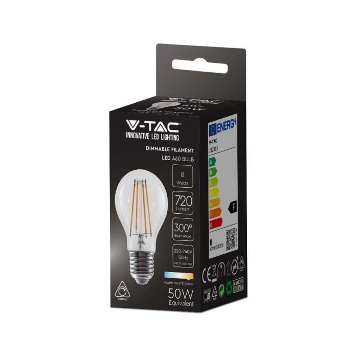 Bombilla LED V-TAC GLS - Transparente - Clara - Soporte E27 - IP20 - 8W - 720 Lumens - 3000K-extra-3.webp
