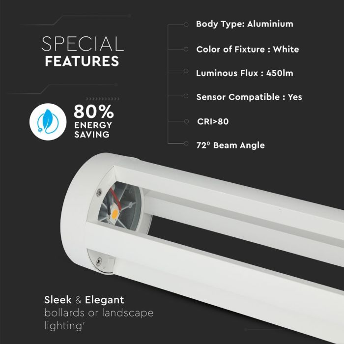 V-TAC LED Bolardo - IP65 Impermeable - Blanco - 10W - 450 Lumens - 6400K - 80CM-extra-1.webp