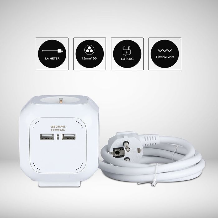 V-TAC Adaptadores y Tomas - 4 Vías - Cube USB Extension Socket - IP20 - Blanco - 1.4 m cable-extra-4.webp