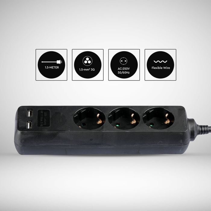 Adaptadores y tomas V-TAC - 3 vías - Toma de extensión USB - IP20 - Negro - Cable de 1,5 m-extra-6.webp