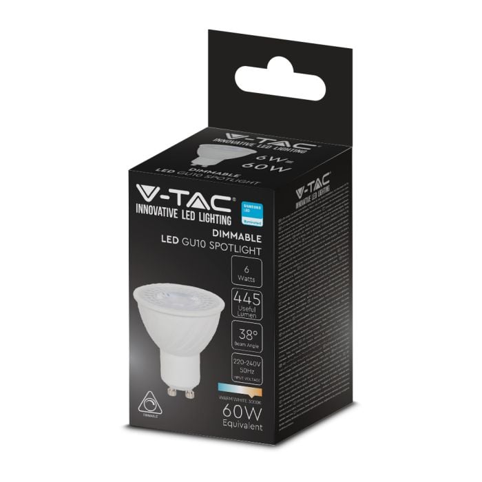 Dicróica LED regulable V-TAC Samsung GU10 Lente 38° IP20 Blanco 6W 445 Lúmenes 3000K-extra-4.webp