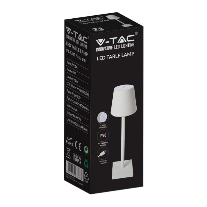 V-TAC Lámpara Recargable de Mesa - Lámparas de Escritorio - IP20 - Blanca - 3W - 70 Lumens - 3000K-extra-6.webp