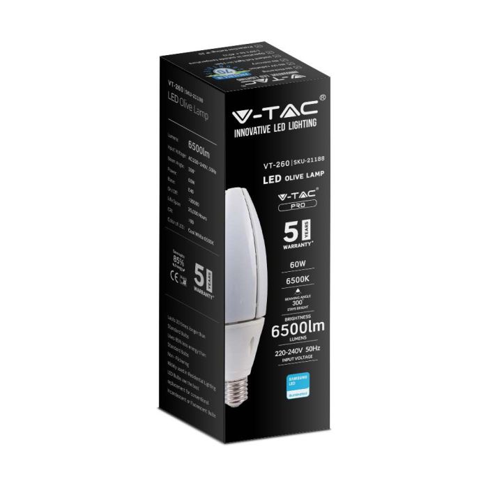 Bombilla LED V-TAC - Samsung - Oliva - Soporte E40 - IP20 - Blanca - 60W - 6500 Lúmenes - 6500K-extra-3.webp