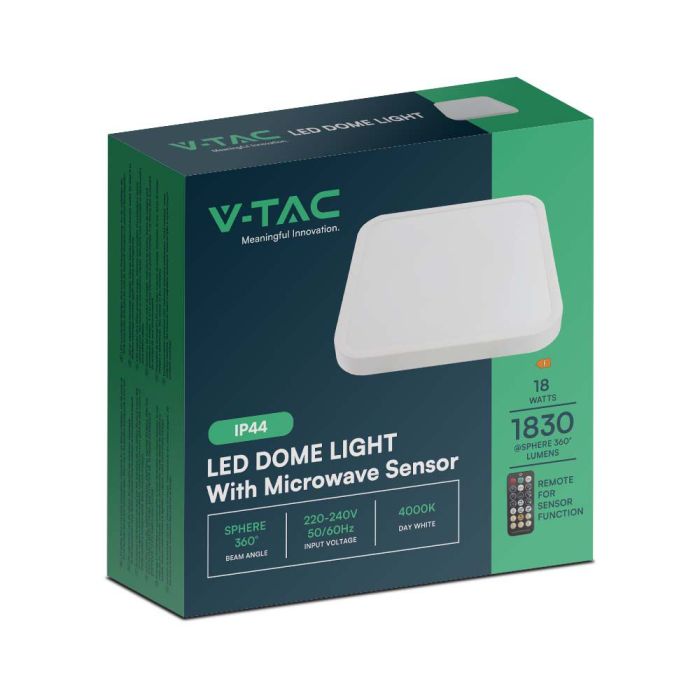 V-TAC LED Plafón cuadrado - Sensor Microondas - IP44 - Blanco - 18W - 1800 Lumens - 4000K - 225MM-extra-9.webp