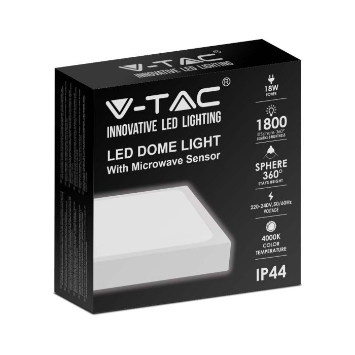 V-TAC LED Plafón cuadrado - Sensor Microondas - IP44 - Blanco - 18W - 1800 Lumens - 4000K - 225MM-extra-3.webp