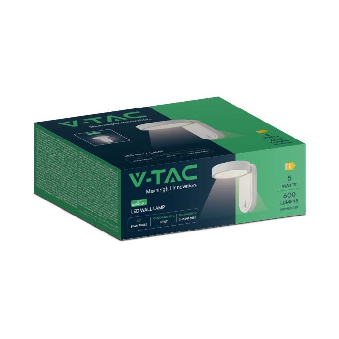 Aplique LED Giratorio V-TAC - IP20 - Cuerpo Blanco - 5W- 600 Lumens - 3000K + 4000K-extra-8.webp