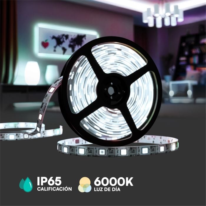 Tira de luz LED V-TAC - IP65 Impermeable - 6000K - Precio/1m (5m Rollo)
