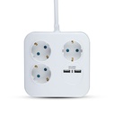 Adaptadores y tomas V-TAC - 3 vías - Toma de extensión USB cuadrada - IP20 - Blanco - Cable de 1,4 m