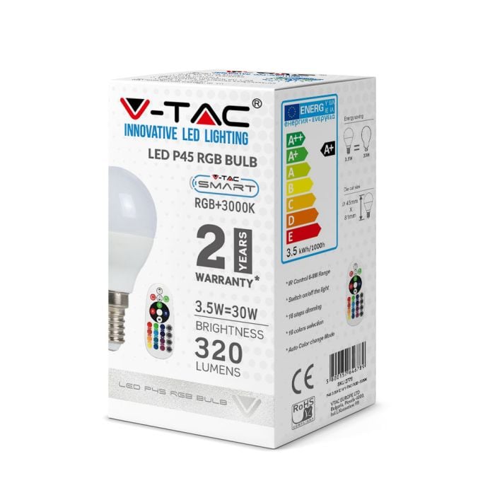 Bombilla LED V-TAC - Golf - RF RGB - Soporte E14 - IP20 - Blanca - 3.5W- 320 Lumens - RGB + 6400K