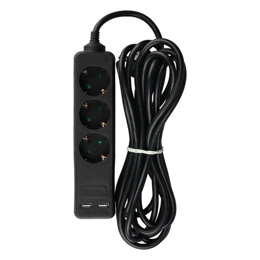 [8777] Adaptadores y tomas V-TAC - 3 vías - Toma de extensión USB - IP20 - Negro - Cable de 5 m