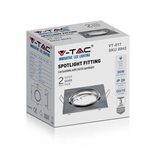 [8942] V-TAC Aro cuadrado LED - Empotrable - GU10 - IP20 - Níquel Satinado  - Pack de 2