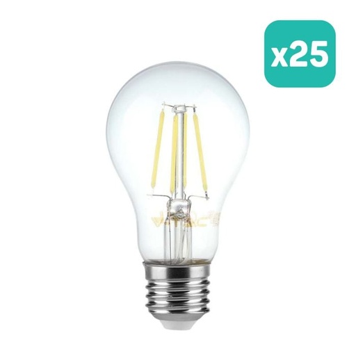 [214272] Bombilla LED V-TAC - E27 Transparente - Filamento - A60 - Soporte E27 - IP20 - 6W - 600 Lumens - 3000K - Pack de 25
