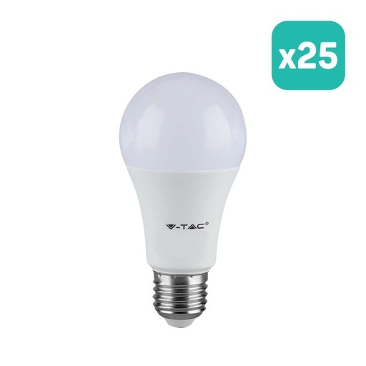 [217262] Bombilla LED V-TAC GLS -  Soporte E27 - IP20 - Blanca - 8.5W - 806 Lumens - 6500K - Pack de 25